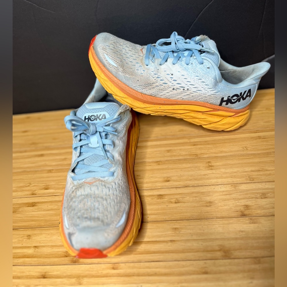 Hoka Sky Blue and Tangerine Athletic Shoes